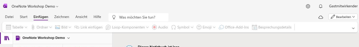 OneNote-Registerkarte Einfügen mit den Werkzeugen Tabelle, Ordner, Bild und Link einfügen
